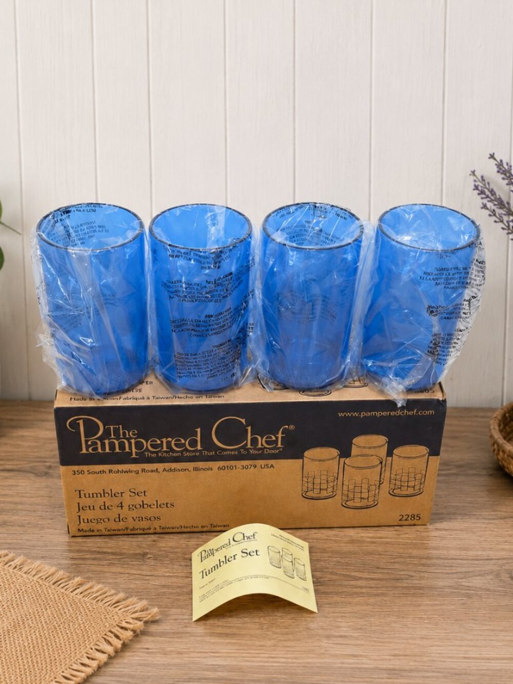 Set of 4 Pampered Chef Tumbler #2285 Blue Acrylic Checkered Cups New Retired